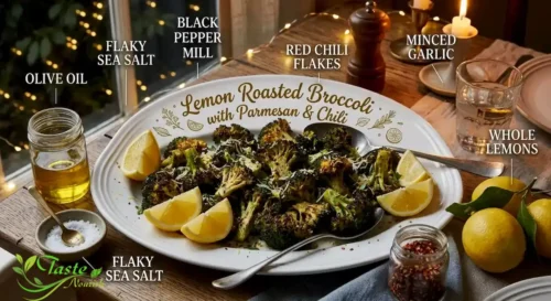 ingredients for lemon roasted broccoli recipe including broccoli, olive oil, garlic, and lemon
