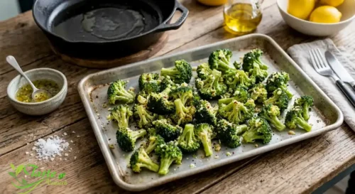 broccoli florets tossed with olive oil and garlic on a baking sheet before roasting