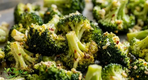 close-up of crispy golden edges on lemon roasted broccoli florets