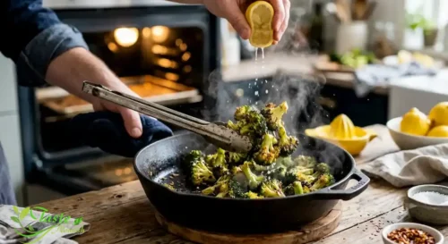 roasted broccoli fresh out of the oven being tossed with fresh lemon juice