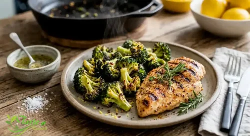 lemon roasted broccoli served as a side dish next to grilled chicken