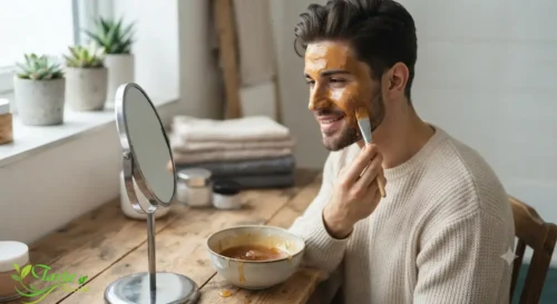 Honey for Skin: man applying honey face mask at home