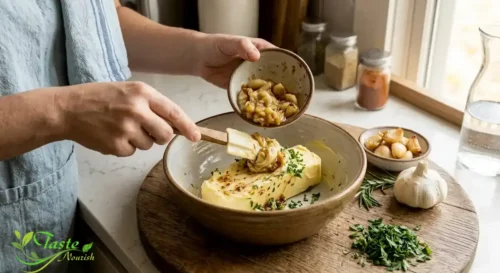 Mashed roasted garlic being mixed into softened butter