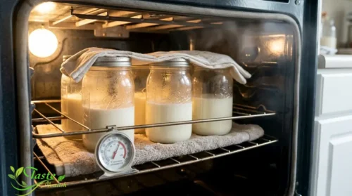 Jars of milk incubating in a warm oven to make homemade yogurt