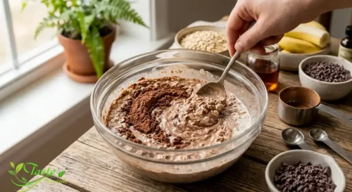 Stirring cocoa powder and milk into rolled oats to make chocolate overnight oats