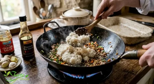 Leftover mushy rice being stir-fried into fried rice in a wok