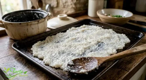 Mushy rice spread in a thin layer on a baking sheet for oven drying