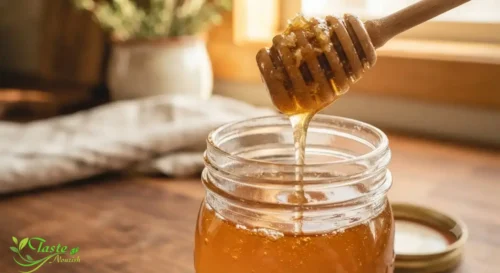 Honey vs Brown Sugar: photoRaw honey dripping from a honeycomb dipper into a glass jar