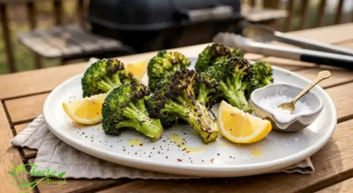 Easy grilled broccoli side recipe served on a platter with lemon wedges