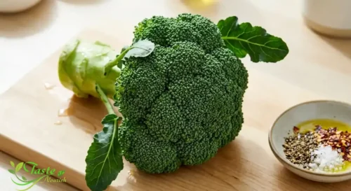 Fresh broccoli head with tight green florets ready for a grilled broccoli recipe