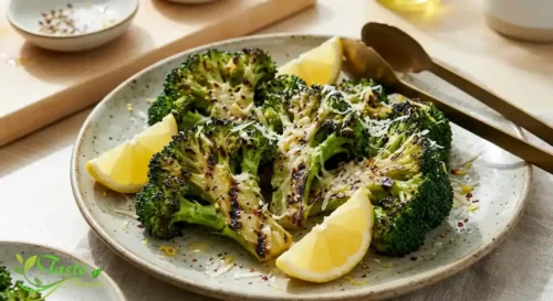 Plated grilled broccoli recipe garnished with lemon and parmesan