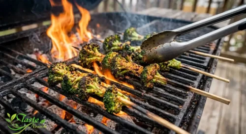 Charred grilled broccoli skewers seasoned with smoked paprika on the grill