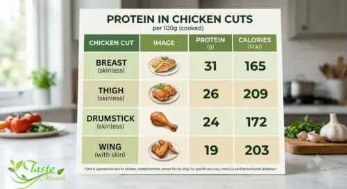 protein in chicken breast, thigh, drumstick, and wing per 100g