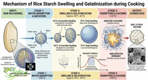 Diagram of rice starch granules swelling during cooking