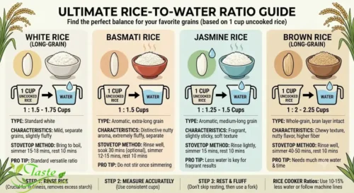 Infographic comparing water-to-rice ratios for white, basmati, jasmine, and brown rice