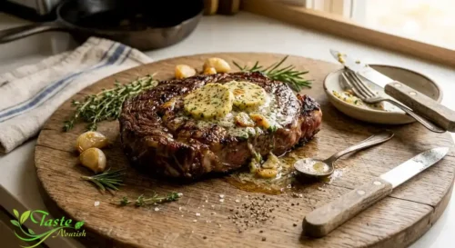 Roasted garlic compound butter melting over a grilled steak