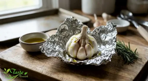Whole head of garlic wrapped in foil before roasting