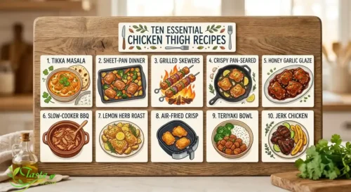 Ten chicken thigh recipes including tikka masala, sheet-pan dinner, and grilled skewers