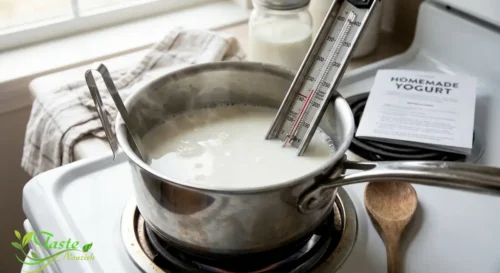 Homemade Yogurt: Milk being heated in a saucepan with a candy thermometer for yogurt