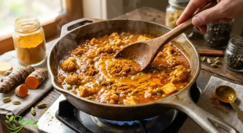Ground turmeric being stirred into a simmering curry dish