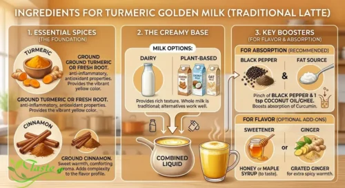 Ingredients for turmeric golden milk including turmeric, cinnamon, and milk