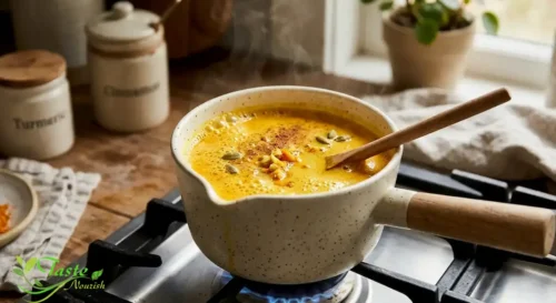 Turmeric golden milk simmering in a saucepan on the stove