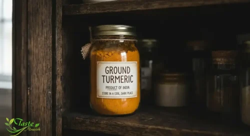 Turmeric Nutrition Facts: Ground turmeric stored in a labeled glass jar on a dark pantry shelf to preserve freshness