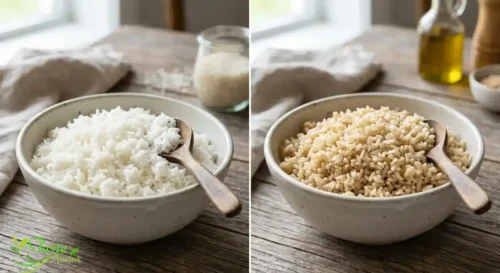 Side-by-side comparison of white rice and brown rice