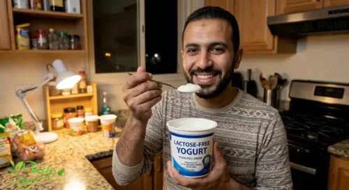Yogurt Nutrition: Person eating a spoonful of yogurt as a lactose-friendly dairy option