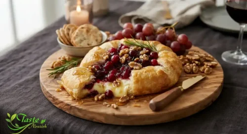 Baked brie topped with cranberry sauce, walnuts, and honey on a serving board