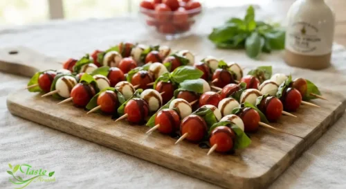 Caprese skewers with cherry tomatoes, mozzarella, and basil drizzled with balsamic glaze
