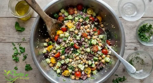 Greek Quinoa Salad Recipe : Combine and Dress and toss.