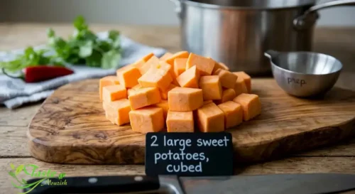 Diced sweet potato cubes on a cutting board ready for chili