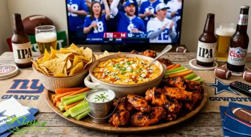 Game day appetizer platter with buffalo chicken dip, wings, and tortilla chips