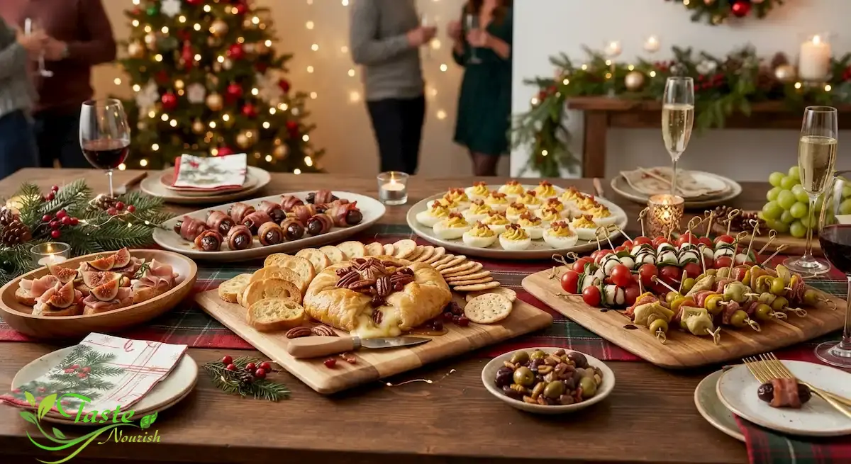 Holiday Appetizer Recipes for Easy Entertaining: 8 Make-Ahead Crowd-Pleasers Holiday appetizer spread with baked brie, deviled eggs, and skewers on a party table