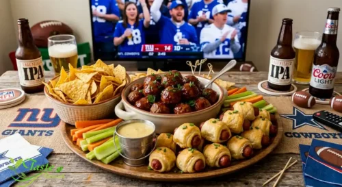 Hot finger foods including meatballs and pigs in a blanket on a serving tray