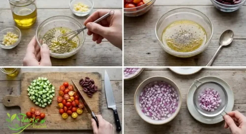 Greek Quinoa Salad Recipe: Make the dressing and Prep the vegetables.