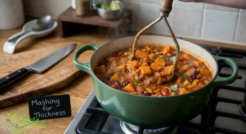 Mashing sweet potato cubes into the broth to thicken sweet potato chili