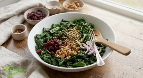 Massaged kale salad recipe in a white bowl with lemon and olive oil