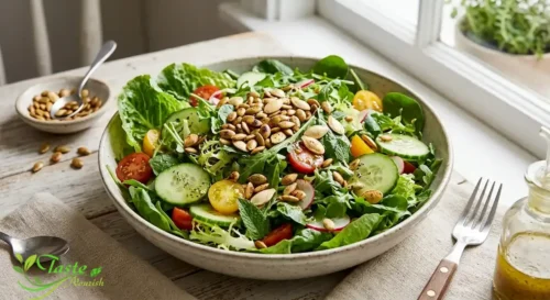 Pumpkin seeds sprinkled over a fresh green salad