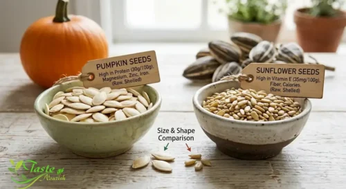 Pumpkin seeds and sunflower seeds compared in small bowls