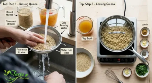 Quinoa Chickpea Salad Recipe: Rinse the quinoa and Cook the quinoa.