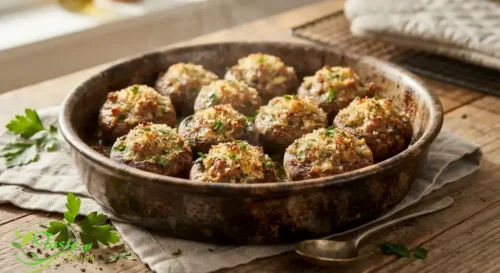 Holiday Appetizer Recipes for Easy Entertaining: Sausage-stuffed mushrooms fresh out of the oven, golden brown on top