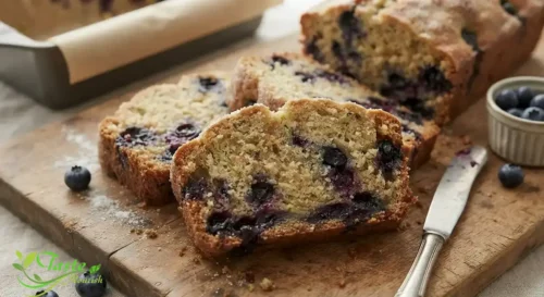 Sliced blueberry zucchini bread recipe showing moist, tender crumb studded with blueberries