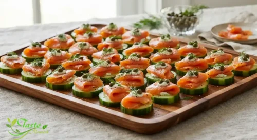 Smoked salmon cucumber bites topped with dill and capers on a tray