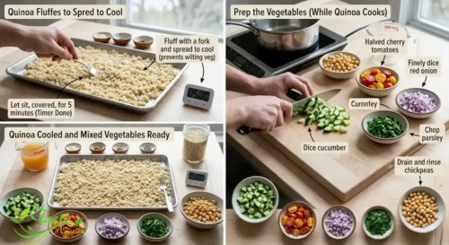 Quinoa Chickpea Salad Recipe: Steam, then cool and Prep the vegetables.