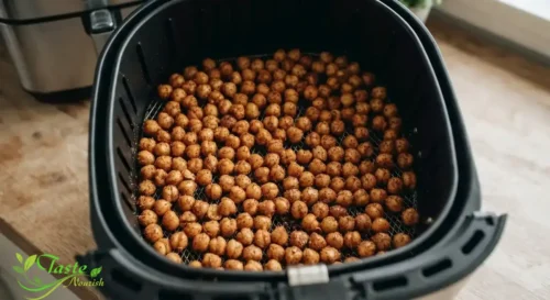 Seasoned chickpeas spread in a single layer inside an air fryer basket