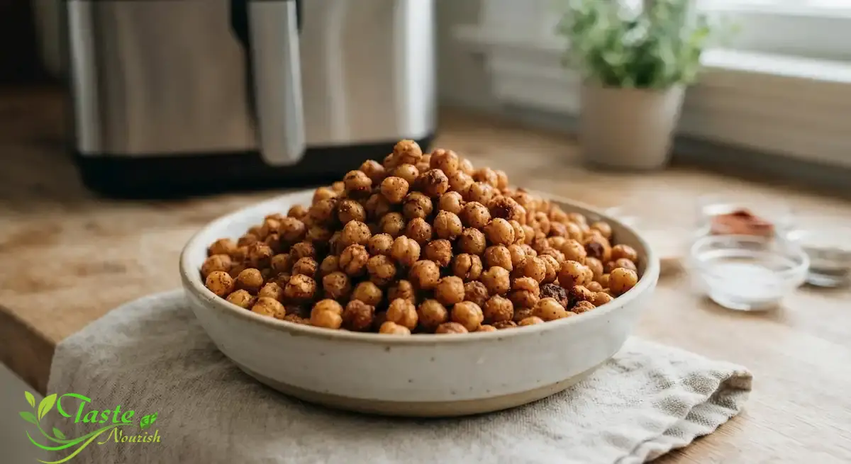 Air Fryer Chickpeas Recipe (Crispy, High-Protein Snack) Golden crispy air fryer chickpeas piled in a white bowl