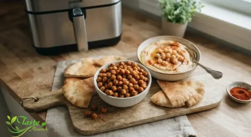 Crispy air fryer chickpeas served alongside hummus and pita