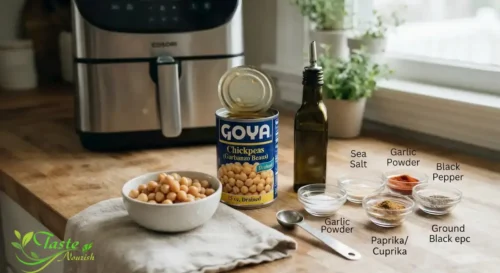 Ingredients for air fryer chickpeas including canned chickpeas, olive oil, and spices